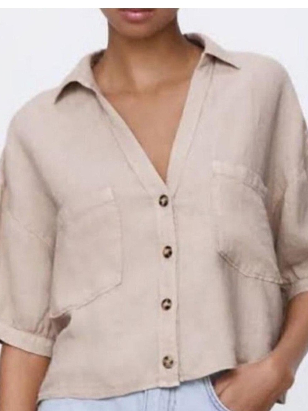 Rachel Zoe Taupe Short-Sleeve Button-Down Top Size Medium